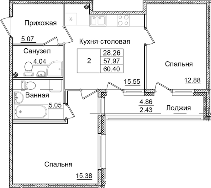 2-комнатная квартира 60.4 м², 2/9 эт., ЖК «Квартал Заречье»